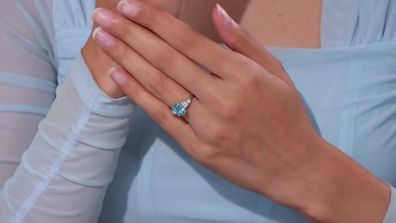 Cambodian Blue Zircon, White Zircon Ring in Rhodium Over Sterling Silver (Size 10.0) 3.40 ctw