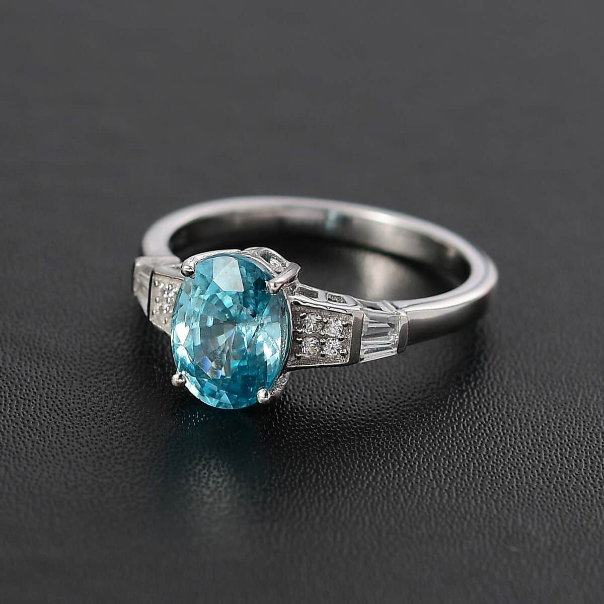 Cambodian Blue Zircon and White Zircon 3.40 ctw Art Deco Ring in Rhodium Over Sterling Silver (Size 10.0) image number 1