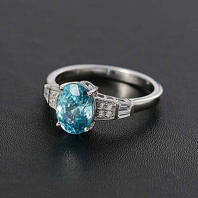 Cambodian Blue Zircon and White Zircon 3.40 ctw Art Deco Ring in Rhodium Over Sterling Silver (Size 10.0)