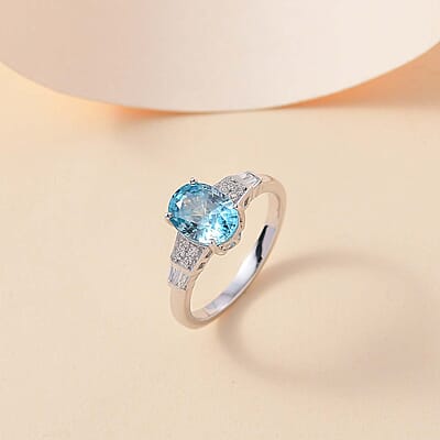 Cambodian Blue Zircon and White Zircon 3.40 ctw Art Deco Ring in Rhodium Over Sterling Silver (Size 10.0)