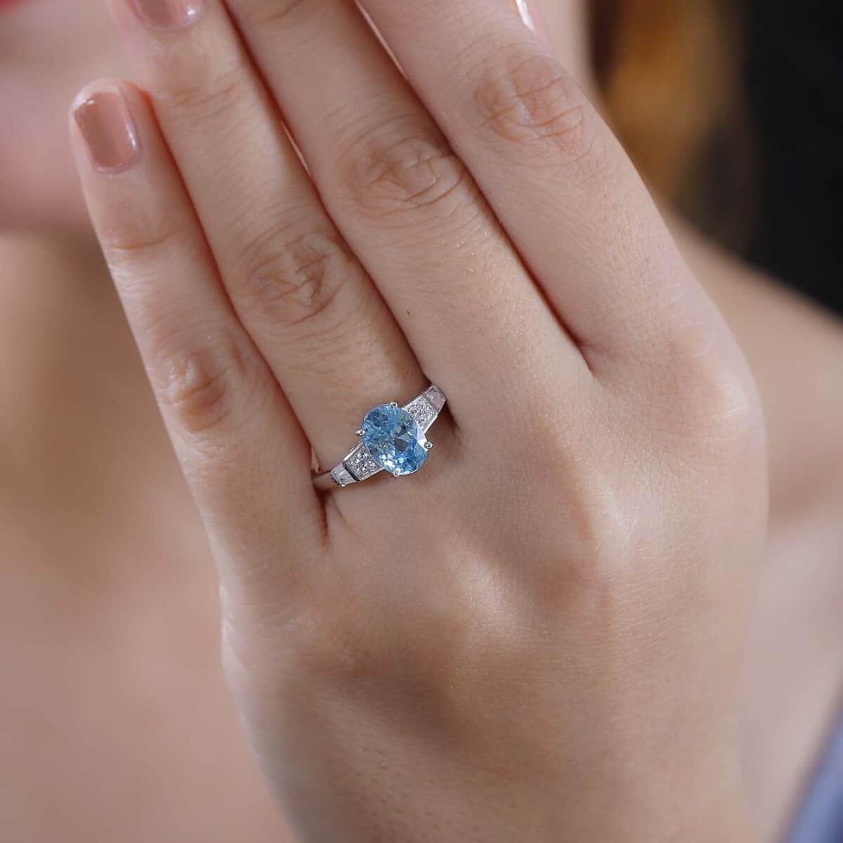 Cambodian Blue Zircon, White Zircon Ring in Rhodium Over Sterling Silver (Size 10.0) 3.40 ctw image number 3