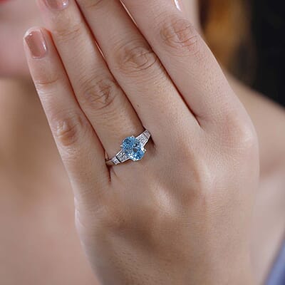 Cambodian Blue Zircon and White Zircon 3.40 ctw Art Deco Ring in Rhodium Over Sterling Silver (Size 10.0)