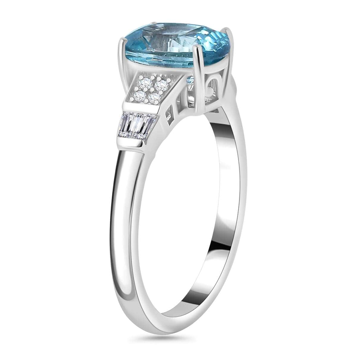 Cambodian Blue Zircon and White Zircon 3.40 ctw Art Deco Ring in Rhodium Over Sterling Silver (Size 10.0) image number 4