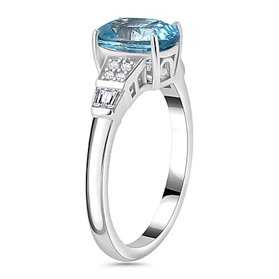 Cambodian Blue Zircon and White Zircon 3.40 ctw Art Deco Ring in Rhodium Over Sterling Silver (Size 10.0)