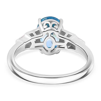 Cambodian Blue Zircon and White Zircon 3.40 ctw Art Deco Ring in Rhodium Over Sterling Silver (Size 10.0)