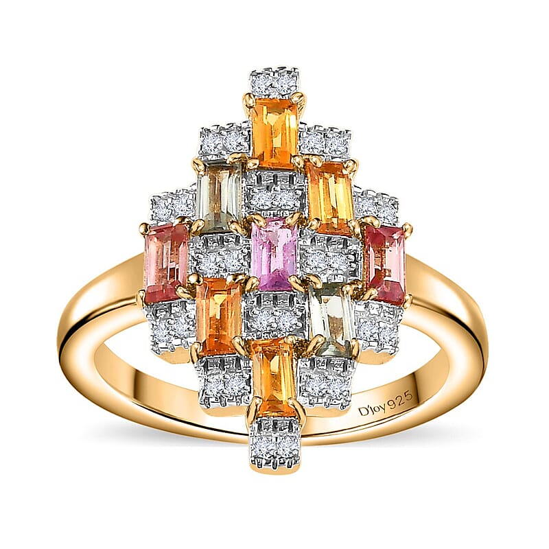 D'Joy Multi Sapphire and Moissanite 1.15 ctw Art Deco Ring in 18K Vermeil Yellow Gold Over Sterling Silver (Size 10.0)