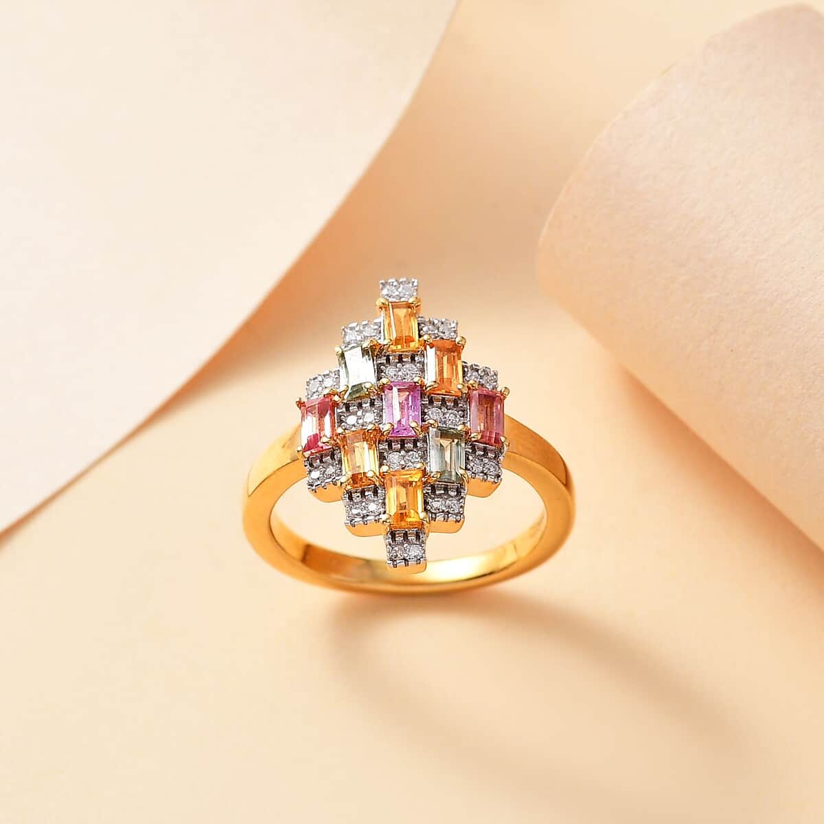 Multi Sapphire and Moissanite 1.15 ctw Art Deco Ring in 18K Vermeil Yellow Gold Over Sterling Silver (Size 10.0) image number 1