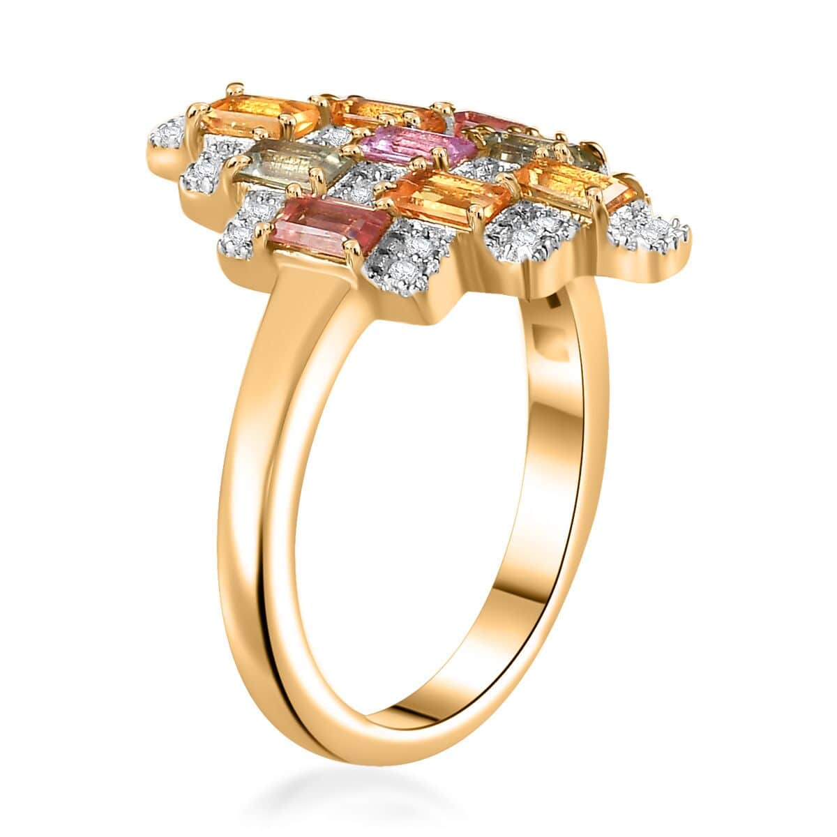 Multi Sapphire and Moissanite 1.15 ctw Art Deco Ring in 18K Vermeil Yellow Gold Over Sterling Silver (Size 10.0) image number 3