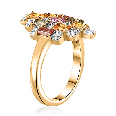 D'Joy Multi Sapphire and Moissanite 1.15 ctw Art Deco Ring in 18K Vermeil Yellow Gold Over Sterling Silver (Size 10.0)