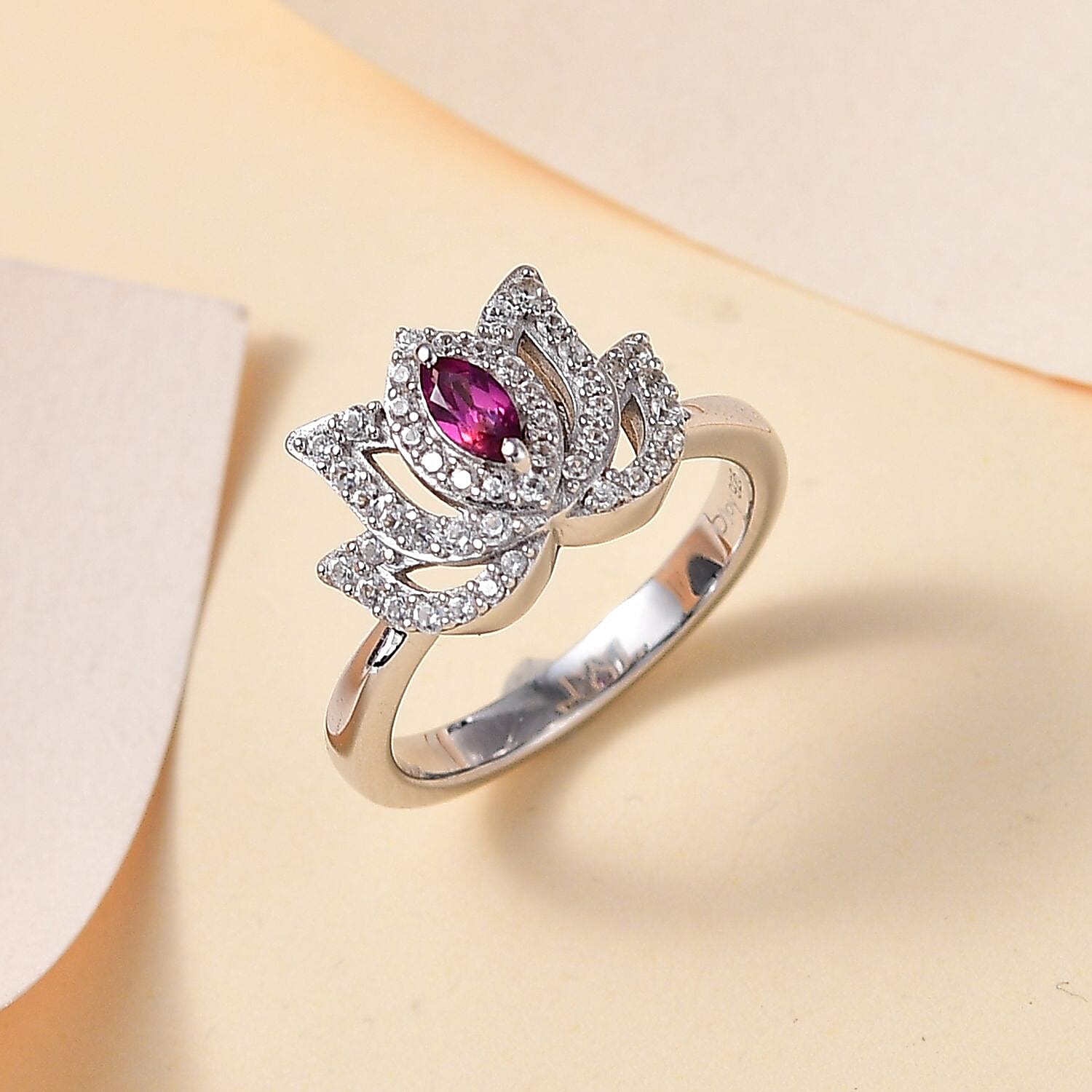 Orissa Rhodolite Garnet and White Zircon 0.60 ctw Rose Ring in Rhodium Over Sterling Silver (Size 5.0)