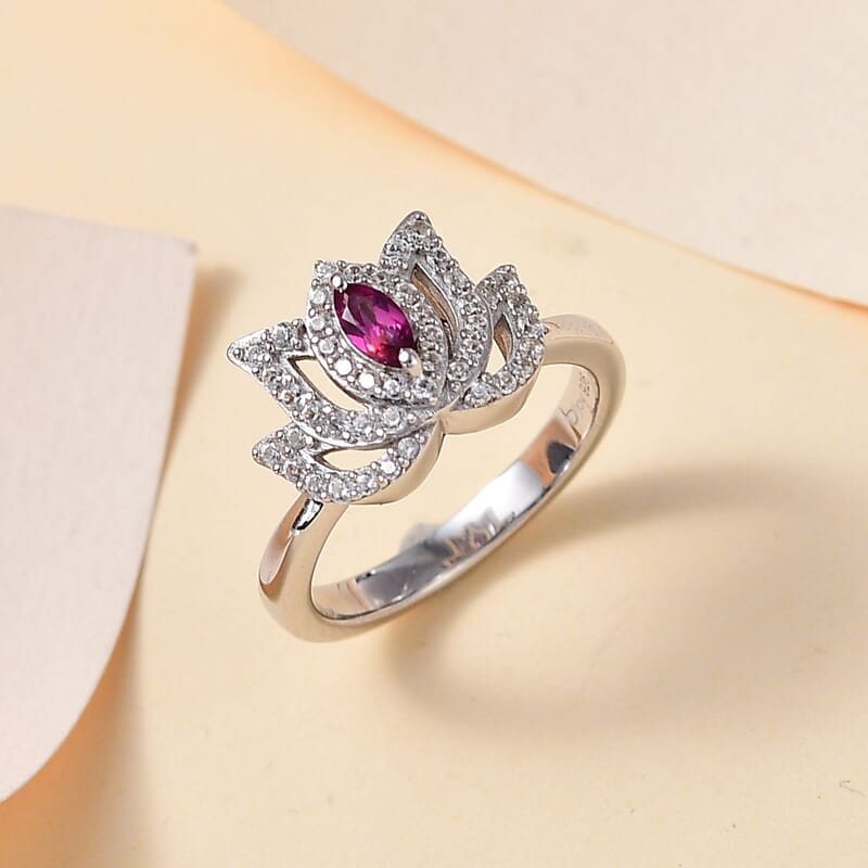 Orissa Rhodolite Garnet and White Zircon 0.60 ctw Rose Ring in Rhodium Over Sterling Silver (Size 5.0)