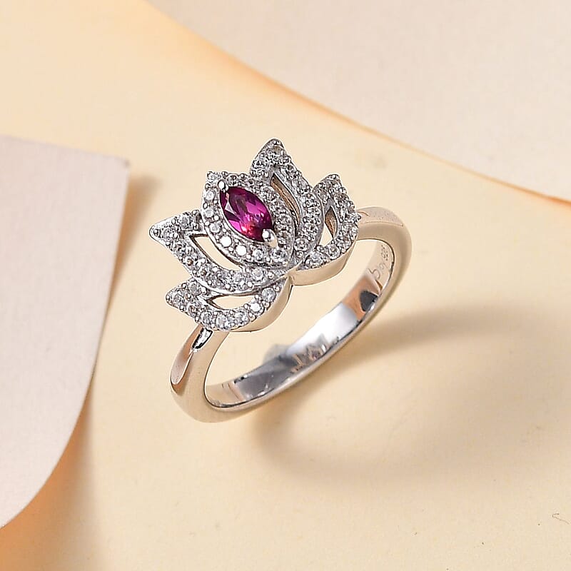 Orissa Rhodolite Garnet and White Zircon 0.60 ctw Rose Ring in Rhodium Over Sterling Silver (Size 5.0)
