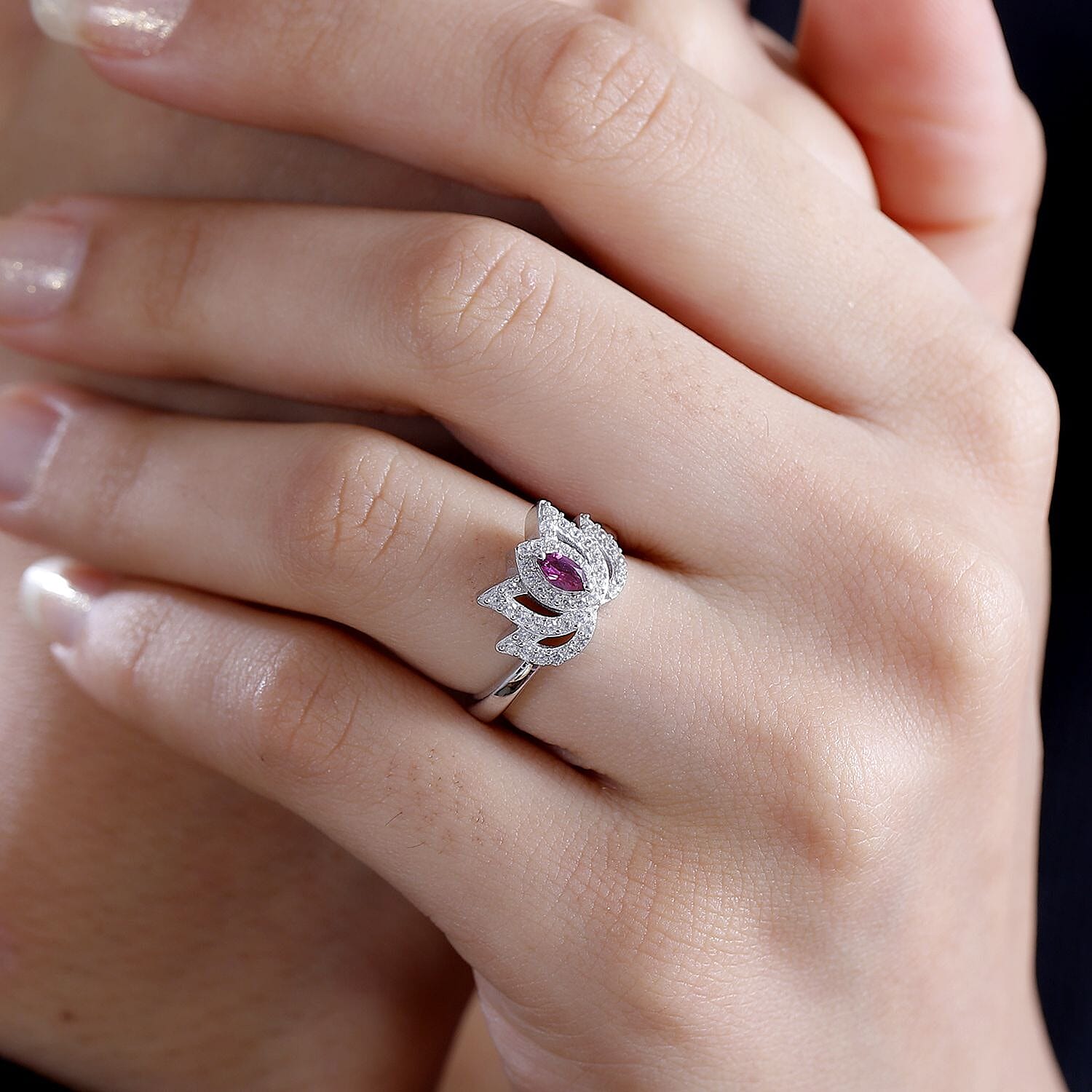 Orissa Rhodolite Garnet and White Zircon 0.60 ctw Rose Ring in Rhodium Over Sterling Silver (Size 5.0)