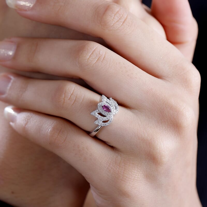 Orissa Rhodolite Garnet and White Zircon 0.60 ctw Rose Ring in Rhodium Over Sterling Silver (Size 5.0)