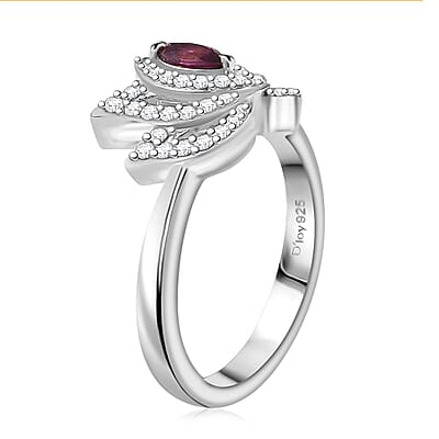Orissa Rhodolite Garnet and White Zircon 0.60 ctw Rose Ring in Rhodium Over Sterling Silver (Size 5.0)