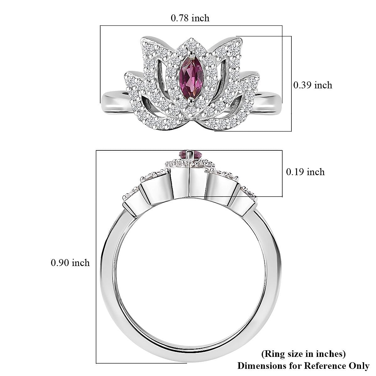 Orissa Rhodolite Garnet and White Zircon 0.60 ctw Rose Ring in Rhodium Over Sterling Silver (Size 5.0)