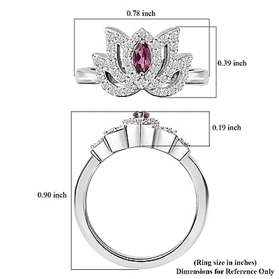 Orissa Rhodolite Garnet and White Zircon 0.60 ctw Rose Ring in Rhodium Over Sterling Silver (Size 5.0)