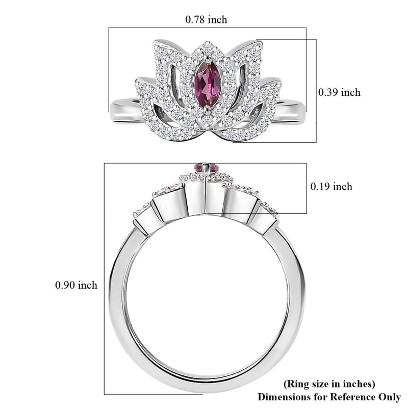 Orissa Rhodolite Garnet and White Zircon 0.60 ctw Rose Ring in Rhodium Over Sterling Silver (Size 5.0)