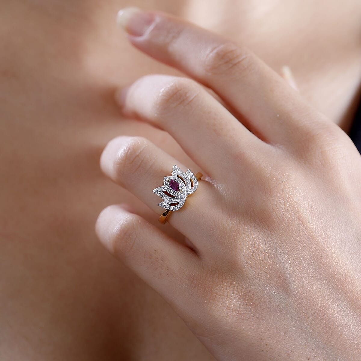 Orissa Rhodolite Garnet and White Zircon 0.60 ctw Rose Ring in 18K Vermeil Yellow Gold Over Sterling Silver (Size 5.0) image number 1