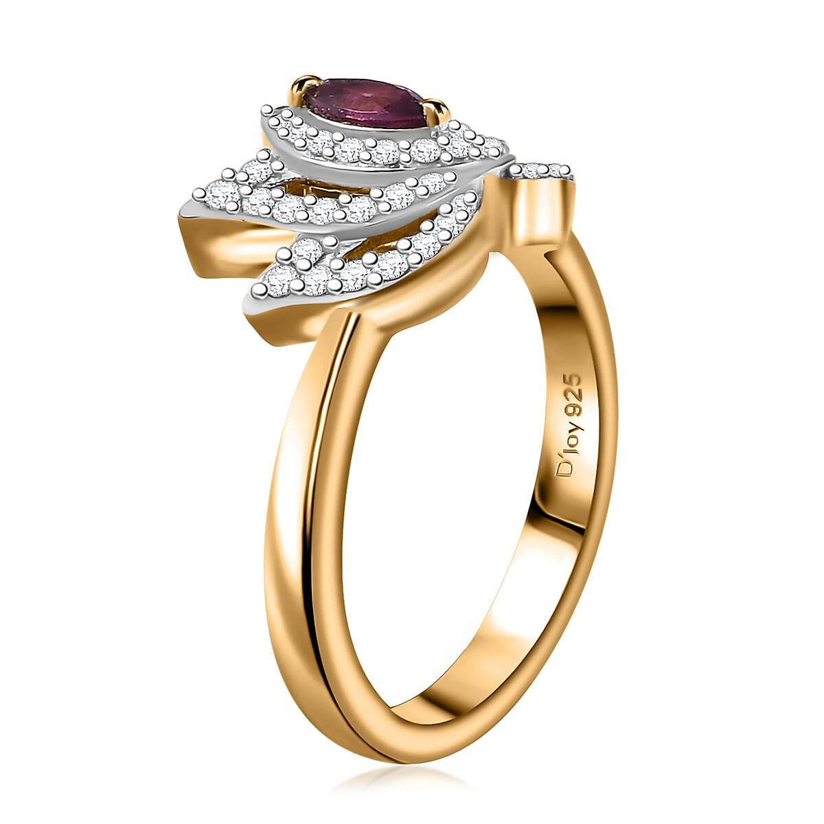 Orissa Rhodolite Garnet and White Zircon 0.60 ctw Rose Ring in 18K Vermeil Yellow Gold Over Sterling Silver (Size 5.0) image number 2