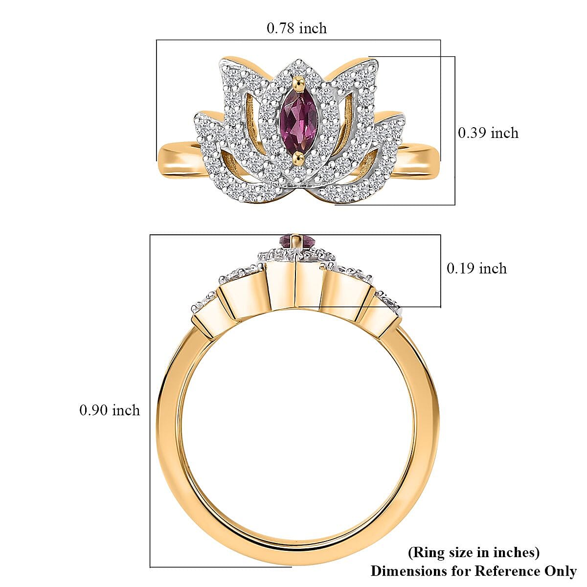 Orissa Rhodolite Garnet and White Zircon 0.60 ctw Rose Ring in 18K Vermeil Yellow Gold Over Sterling Silver (Size 5.0) image number 4