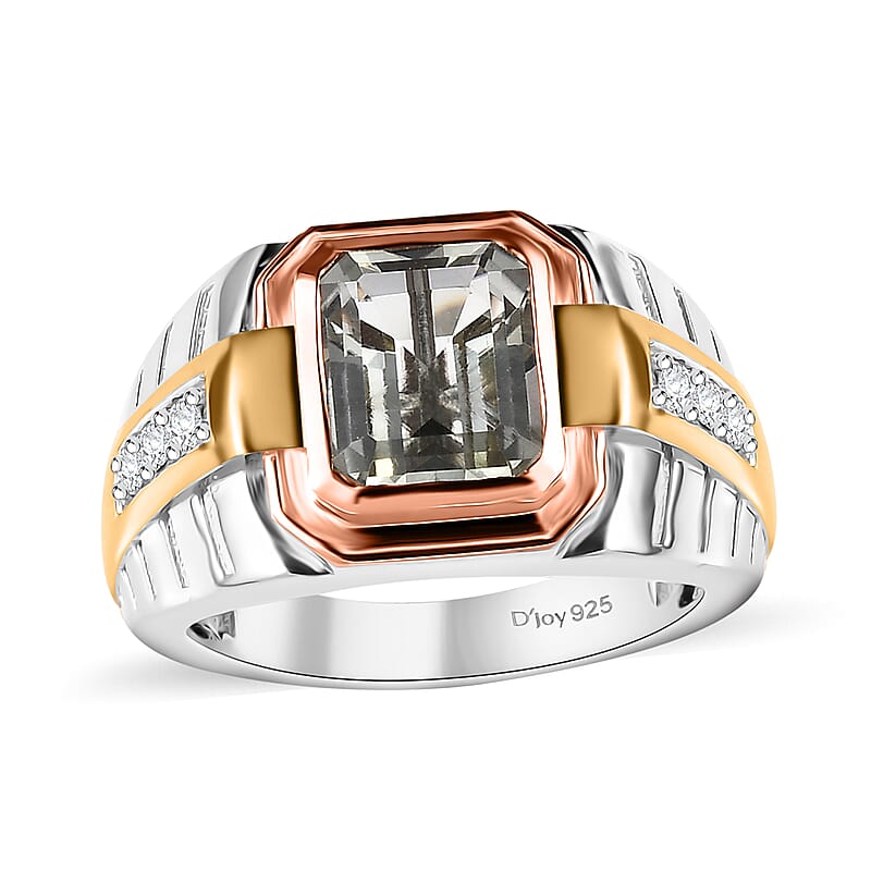 Montezuma Prasiolite and Moissanite 3.40 ctw Men's Ring in 14K YRG and Rhodium Over Sterling Silver (Size 10.0)