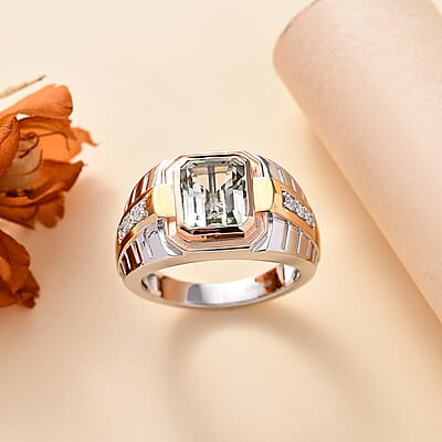 Montezuma Prasiolite and Moissanite 3.40 ctw Men's Ring in 14K YRG and Rhodium Over Sterling Silver (Size 10.0)