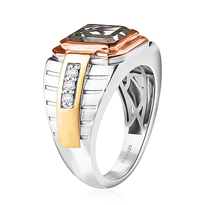 Montezuma Prasiolite and Moissanite 3.40 ctw Men's Ring in 14K YRG and Rhodium Over Sterling Silver (Size 10.0)