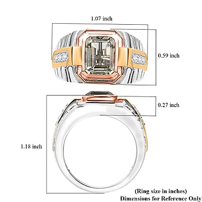 Montezuma Prasiolite and Moissanite 3.40 ctw Men's Ring in 14K YRG and Rhodium Over Sterling Silver (Size 10.0)