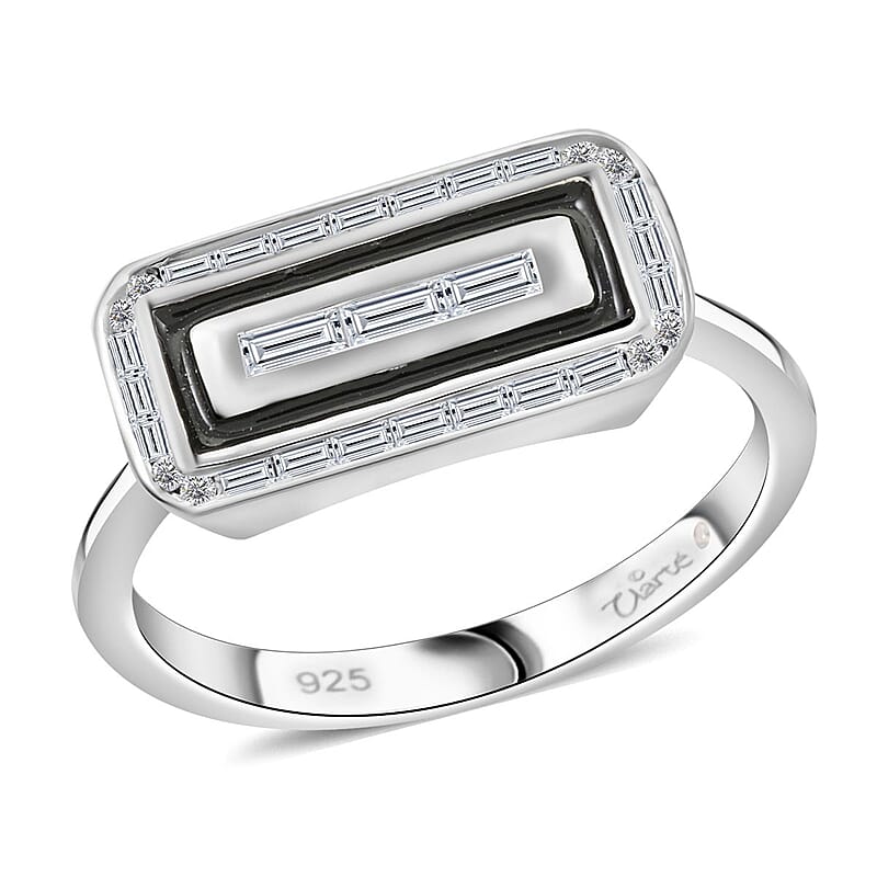Clarte Black Tie Collection Moissanite and Black Enameled Ring in Platinum Over Sterling Silver (Size 10.0) 0.35 ctw