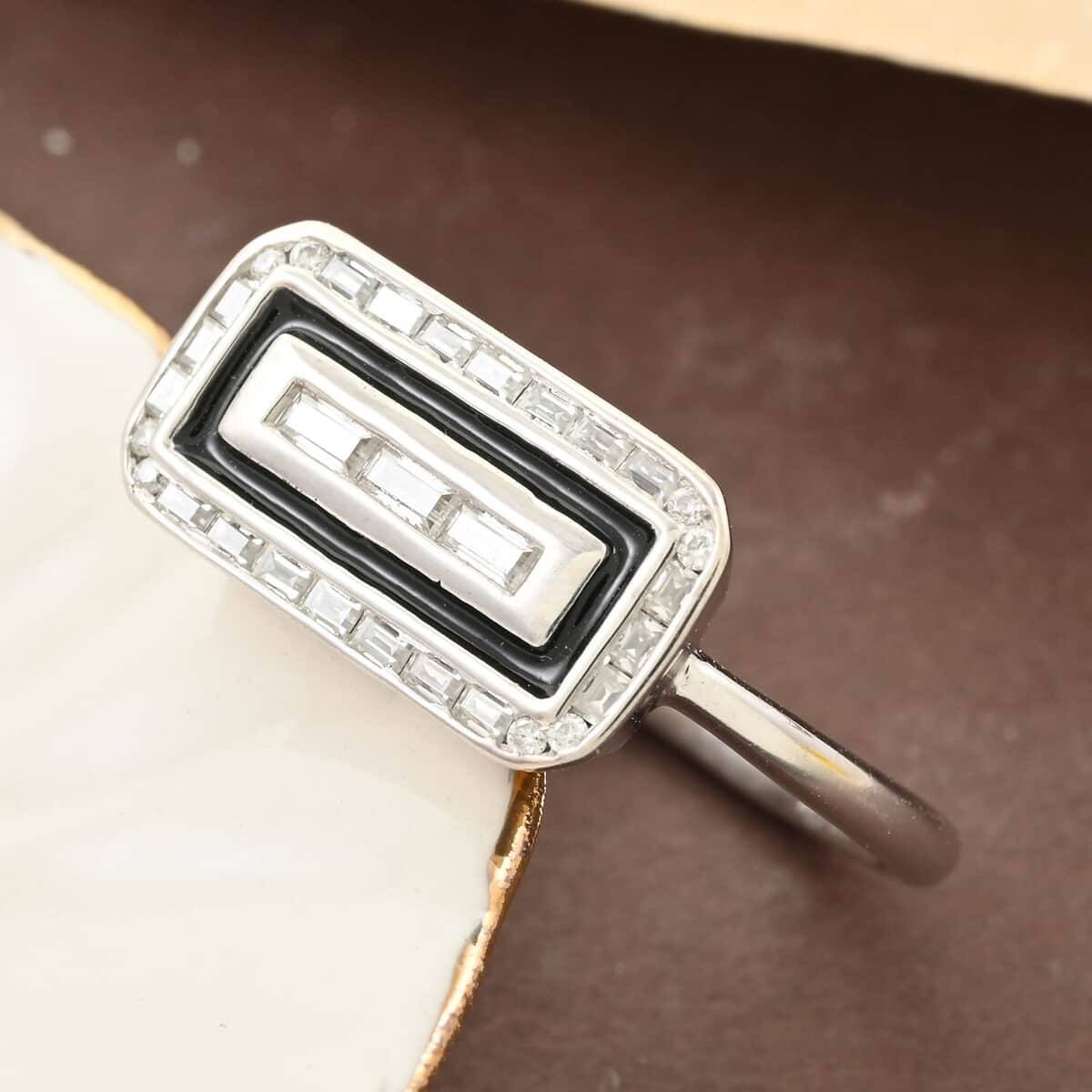 Clarte Black Tie Collection Moissanite and Black Enameled Ring in Platinum Over Sterling Silver 0.35 ctw image number 1