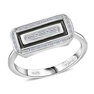 Clarte Black Tie Collection Moissanite and Black Enameled Ring in Platinum Over Sterling Silver (Size 6.0) 0.35 ctw