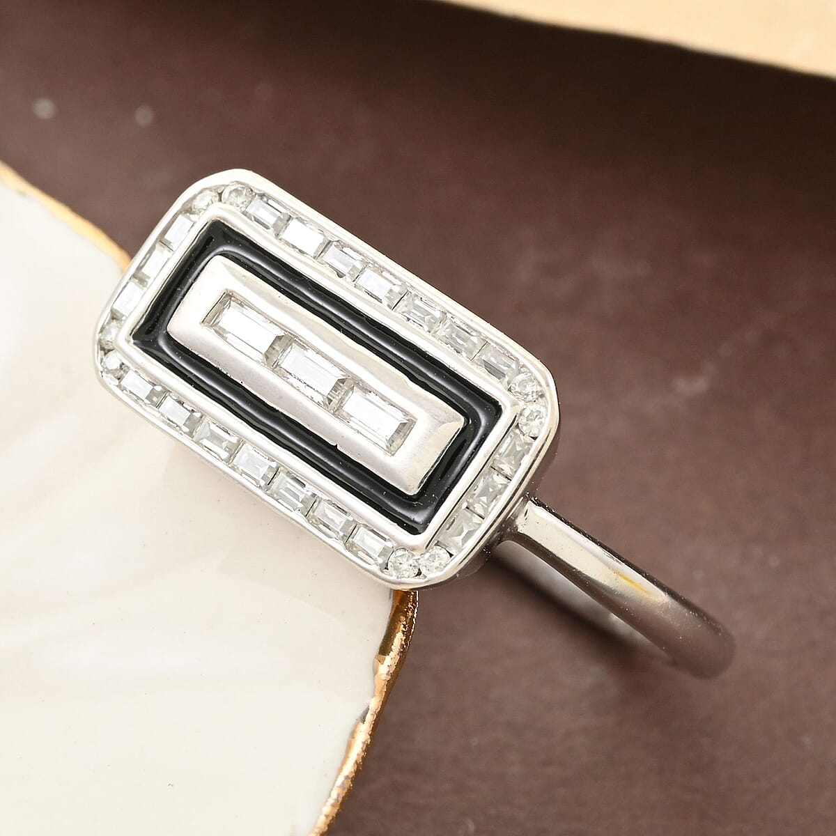 Clarte Black Tie Collection Moissanite and Black Enameled Ring in Platinum Over Sterling Silver (Size 8.0) 0.35 ctw image number 1