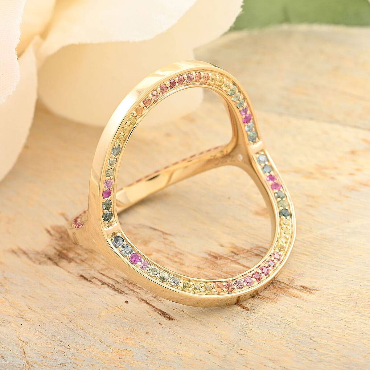 Clarte Trisecta Collection Multi Sapphire, Moissanite and Ruby Ring in Vermeil Yellow Gold Over Sterling Silver (Size 10.0) 1.50 ctw image number 1