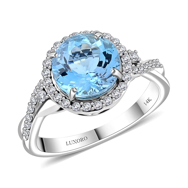 Certified & Appraised Luxoro AAA Santa Maria Aquamarine and G-H I2 Diamond 2.05 ctw Ring in 14K White Gold (Size 8.0) 4 Grams