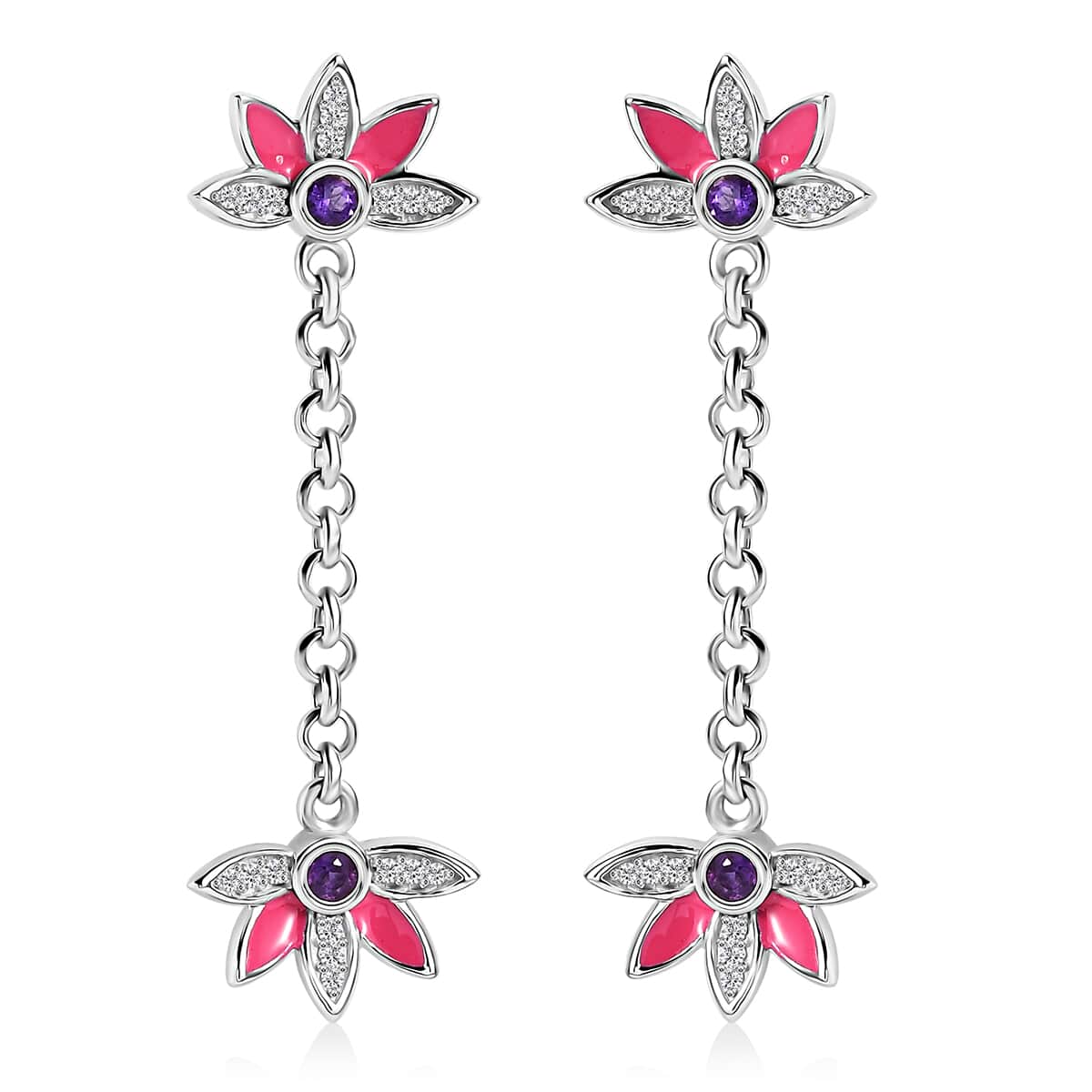 African Amethyst and White Zircon 0.60 ctw Dangling Earrings in rhodium Sterling Silver image number 0