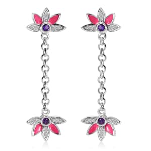 African Amethyst and White Zircon 0.60 ctw Dangling Earrings in rhodium Sterling Silver