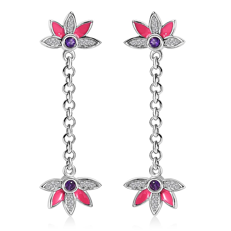 African Amethyst and White Zircon 0.60 ctw Dangling Earrings in rhodium Sterling Silver