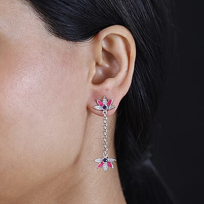 African Amethyst and White Zircon 0.60 ctw Dangling Earrings in rhodium Sterling Silver