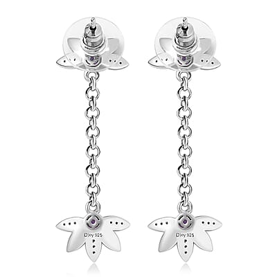 African Amethyst and White Zircon 0.60 ctw Dangling Earrings in rhodium Sterling Silver
