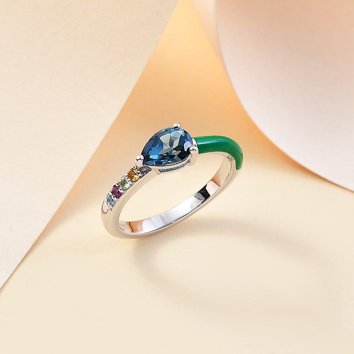 London Blue Topaz and Multi Gemstone 0.70 ctw Ring in Rhodium Over Sterling Silver (Size 8.0) image number 1