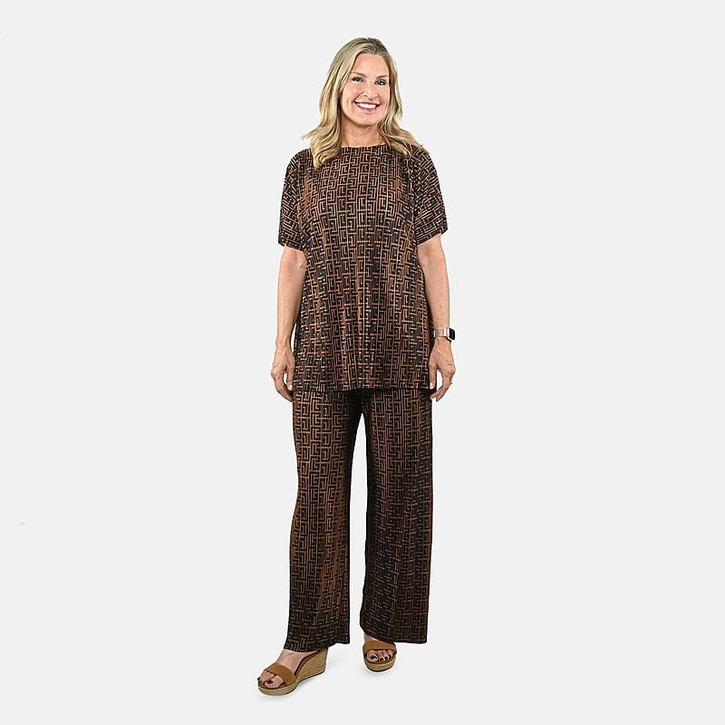 Tamsy Brown Geometric 2 Piece Pleated Polyester Top and Bottom Set - One Size Fits Most