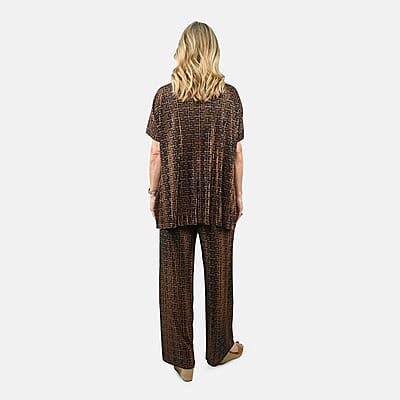 Tamsy Brown Geometric 2 Piece Pleated Polyester Top and Bottom Set - One Size Fits Most