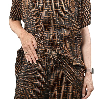 Tamsy Brown Geometric 2 Piece Pleated Polyester Top and Bottom Set - One Size Fits Most