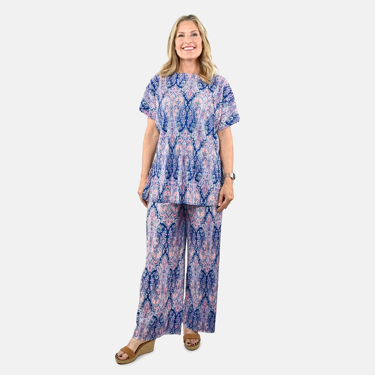 Tamsy Blue Paisley 2 Piece Pleated Polyester Top and Bottom Set - One Size Fits Most image number 0