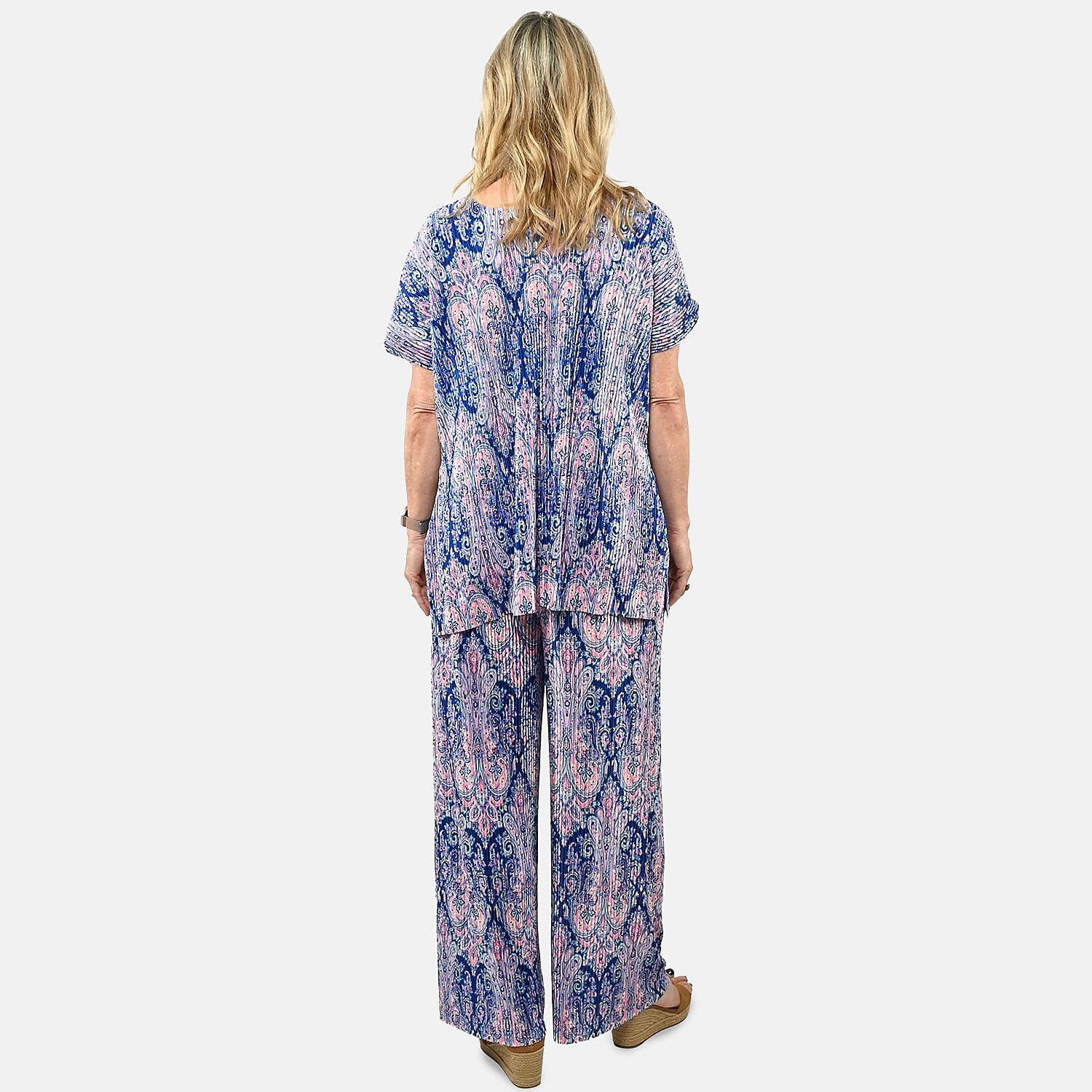 Tamsy Blue Paisley 2 Piece Pleated Polyester Top and Bottom Set - One Size Fits Most