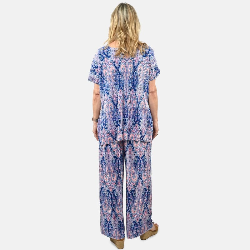 Tamsy Blue Paisley 2 Piece Pleated Polyester Top and Bottom Set - One Size Fits Most
