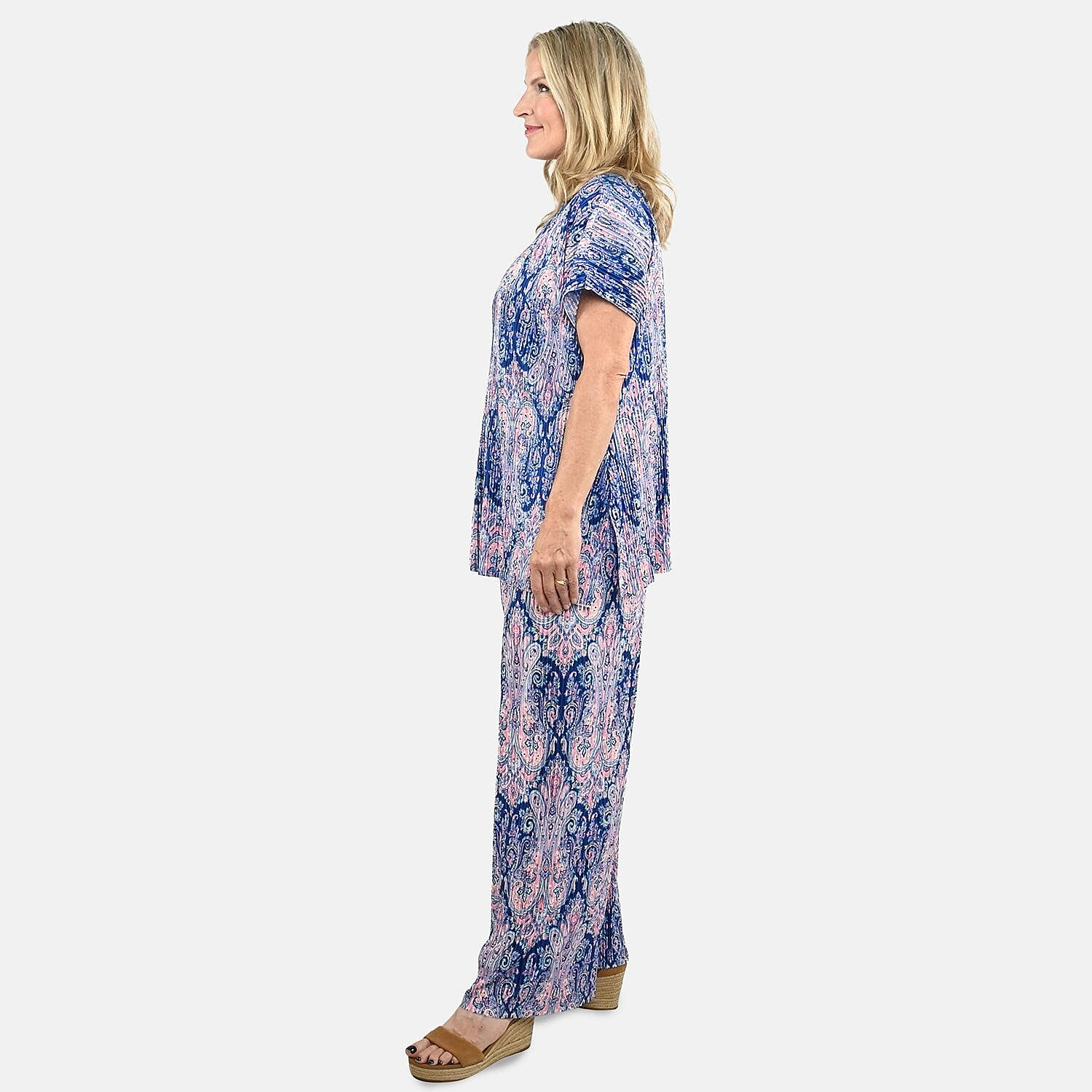 Tamsy Blue Paisley 2 Piece Pleated Polyester Top and Bottom Set - One Size Fits Most