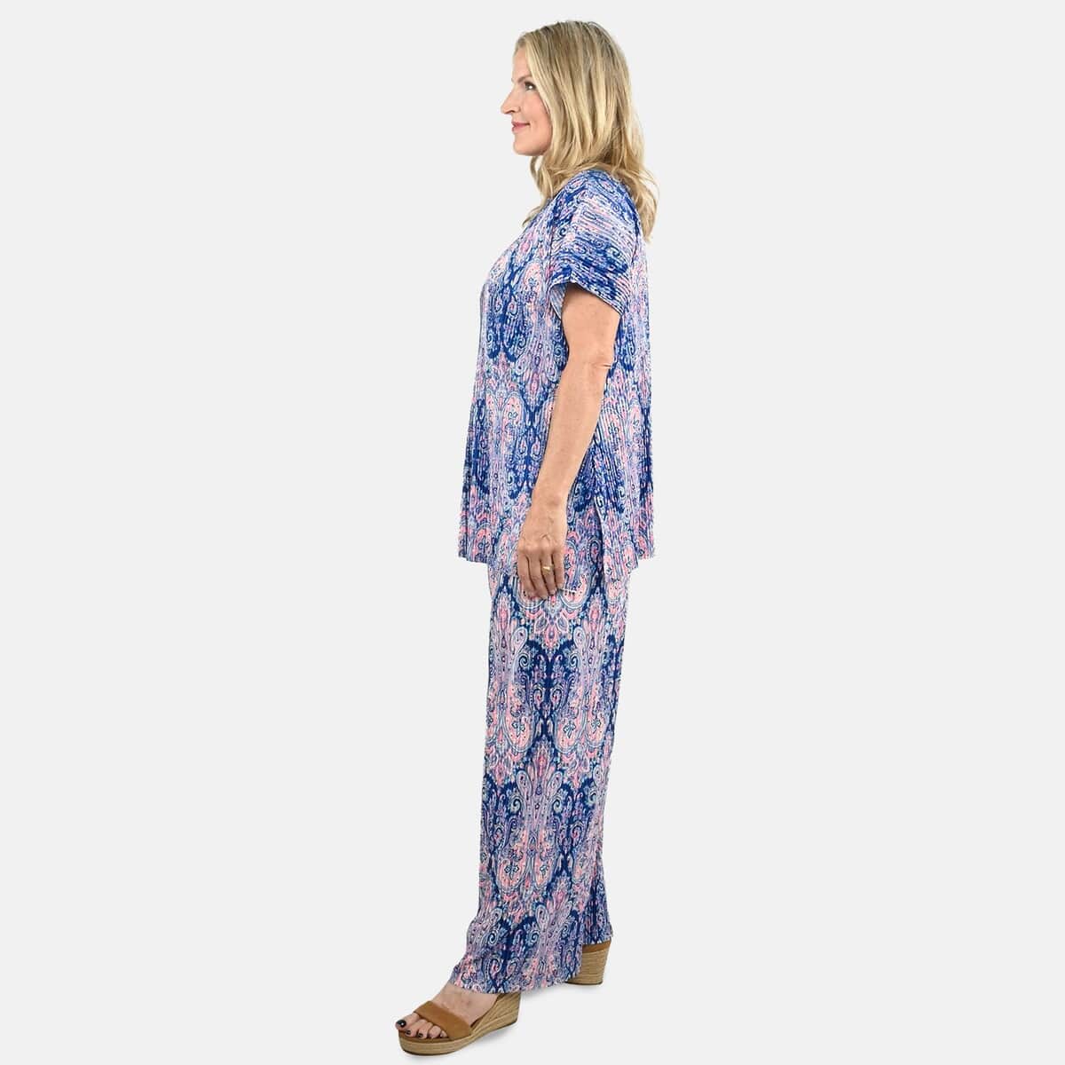 Tamsy Blue Paisley 2 Piece Pleated Polyester Top and Bottom Set - One Size Fits Most image number 2