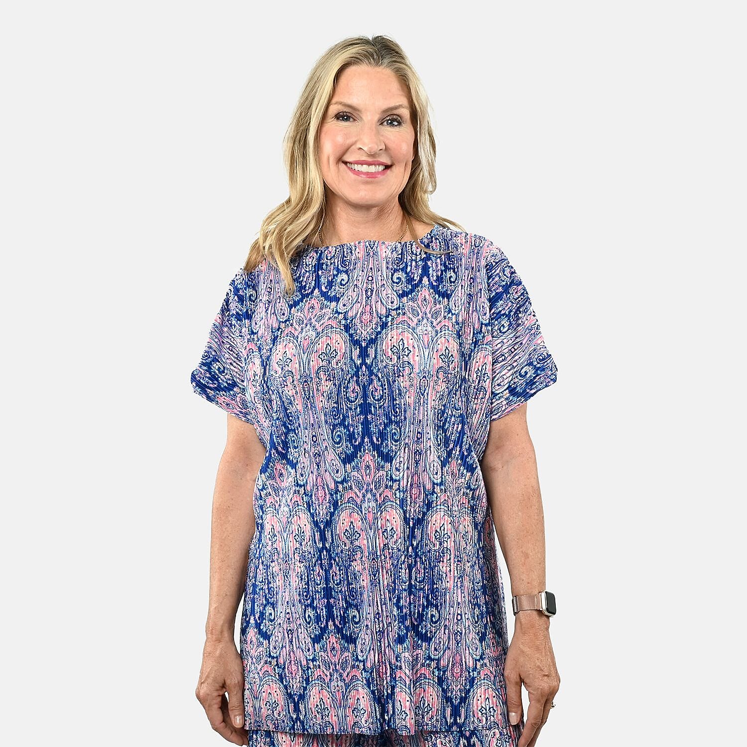 Tamsy Blue Paisley 2 Piece Pleated Polyester Top and Bottom Set - One Size Fits Most